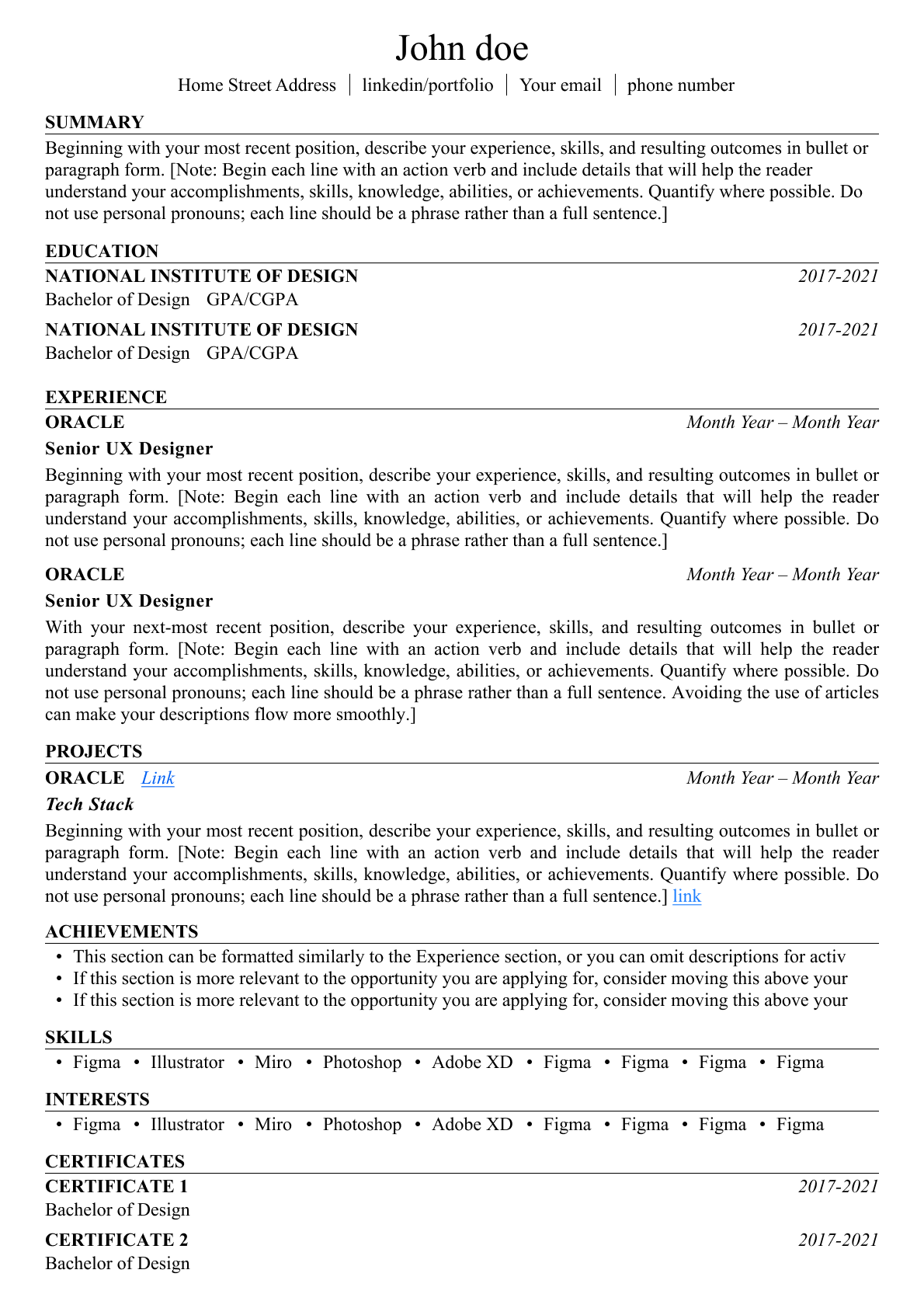 Simple resume template - Minimalist - General Single Column