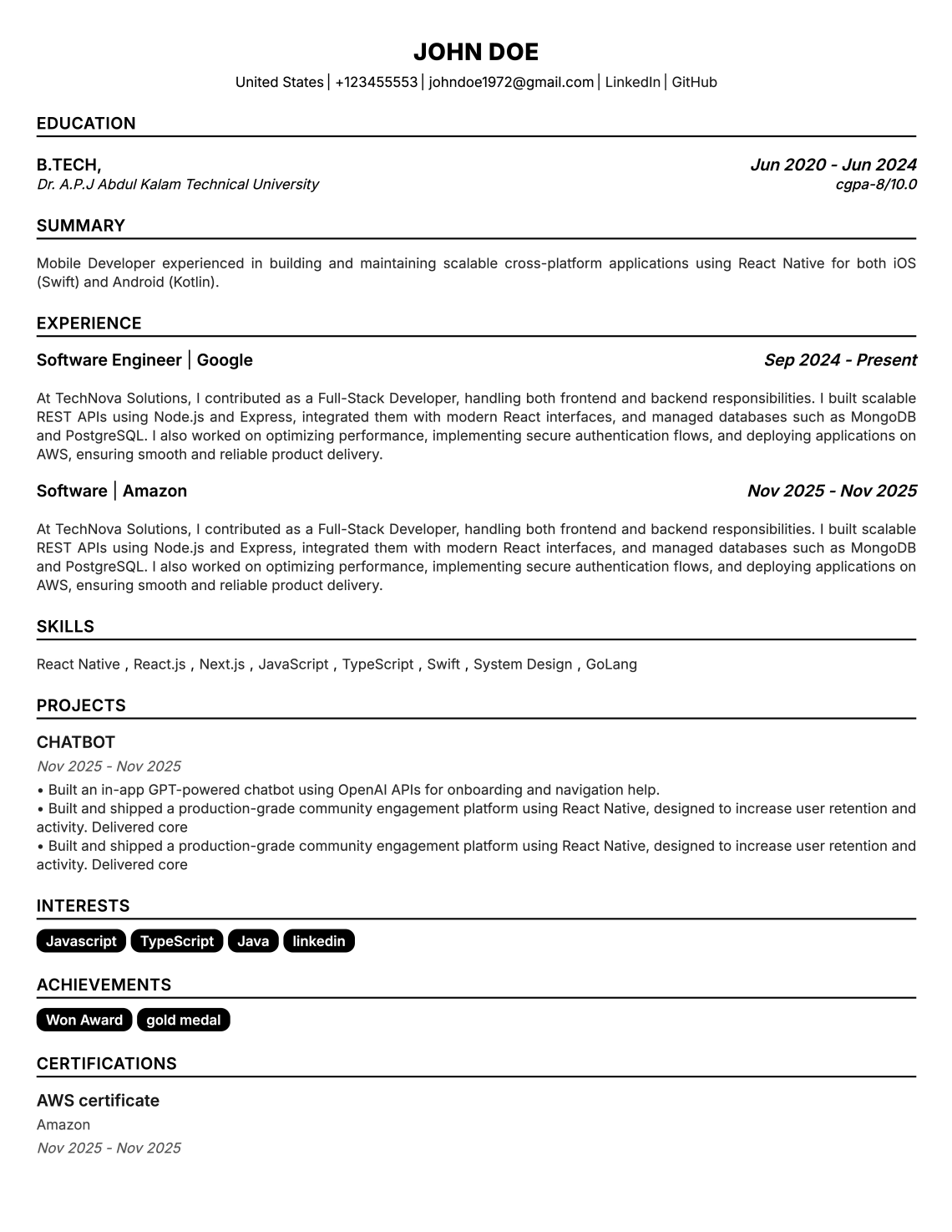 Simple resume template - Archival - Traditional Single Column