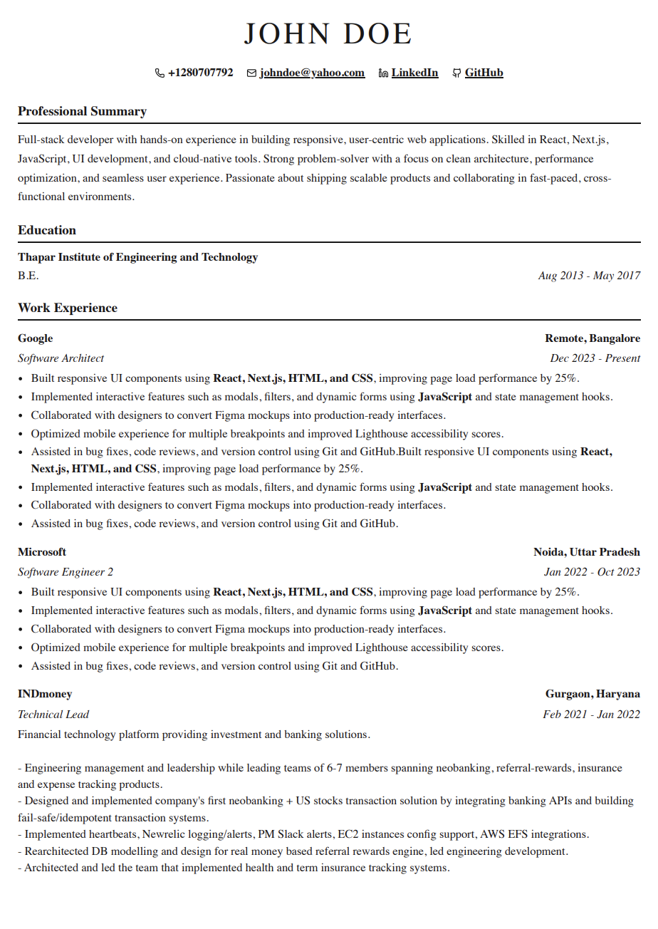 Simple resume template - Minimalist - Traditional Single Column