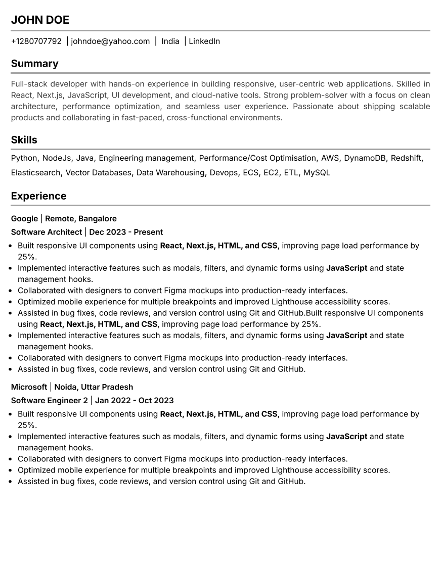 Simple resume template - Linear - Traditional Single Column