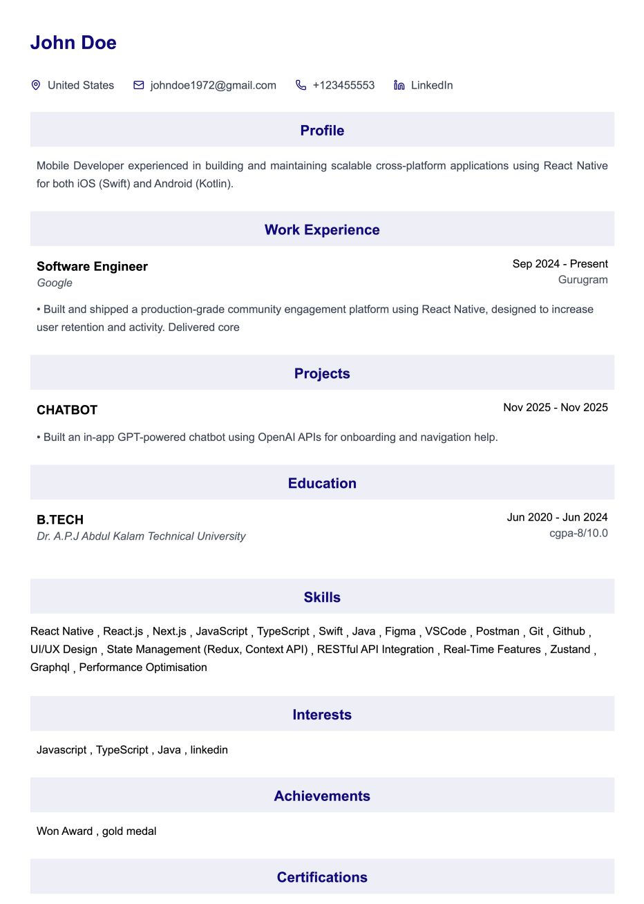 Simple resume template - Segmented - Traditional Single Column